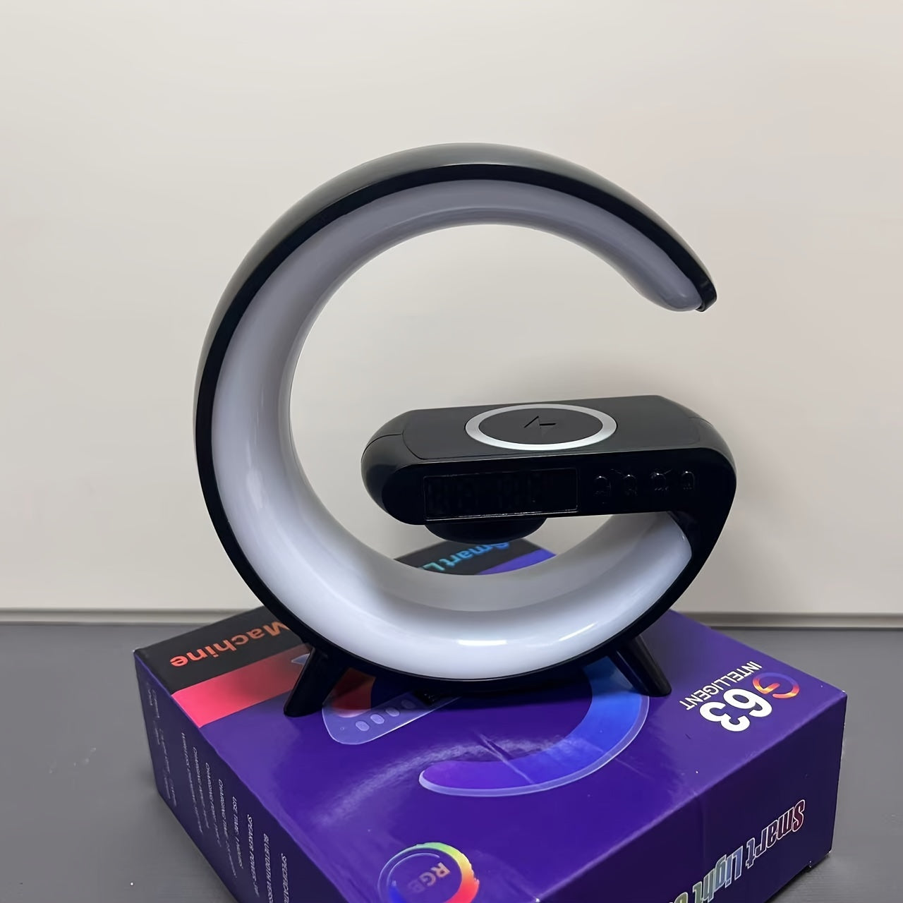 Modern Wireless Speaker with LED Light Desk Lamp Phone Holder Alarm Clock and Wireless Charging Black or White