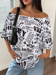 Women's Plus Size Off-Shoulder T-Shirt Casual Letter Print Black White