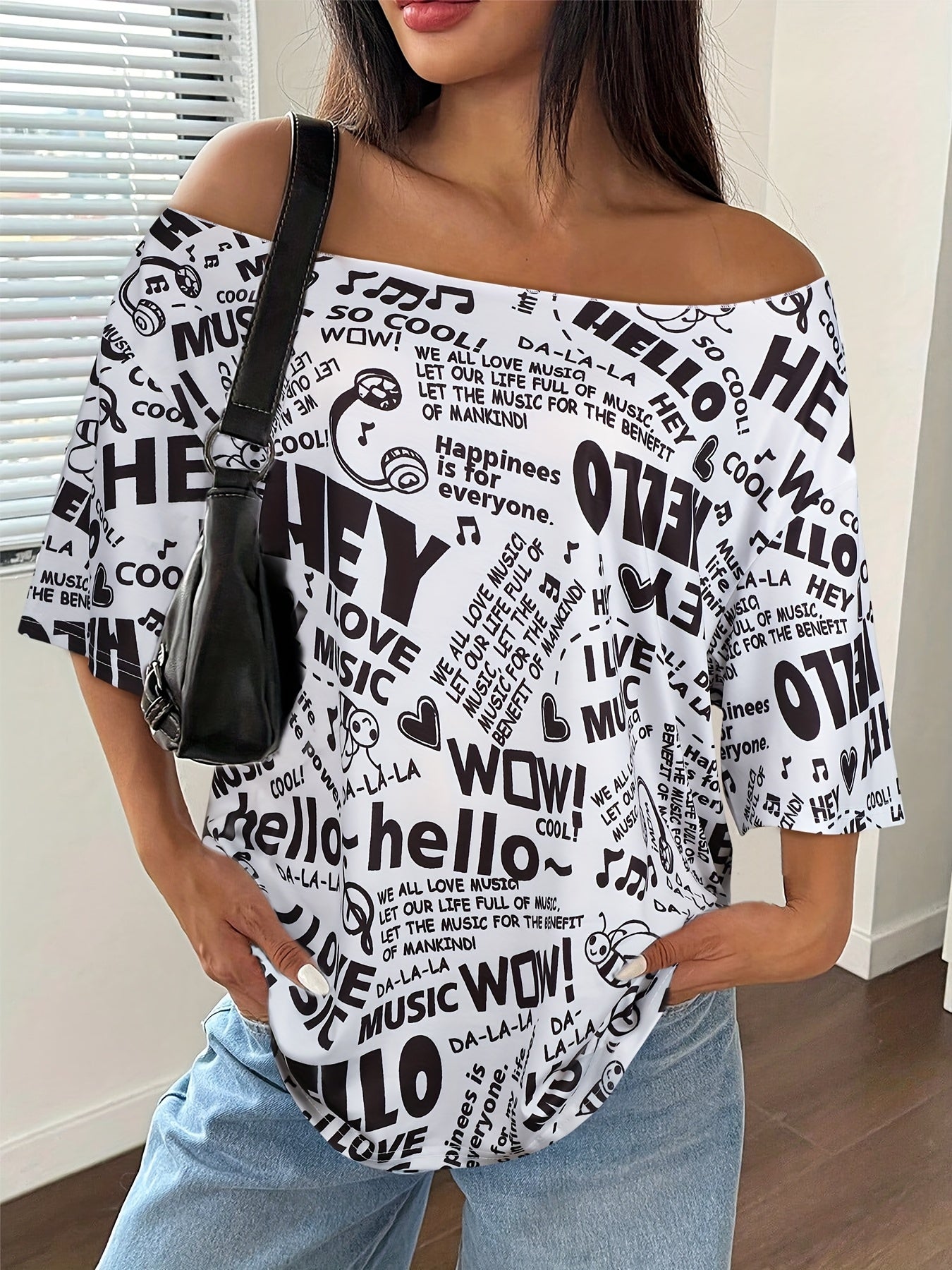 Women's Plus Size Off-Shoulder T-Shirt Casual Letter Print Black White