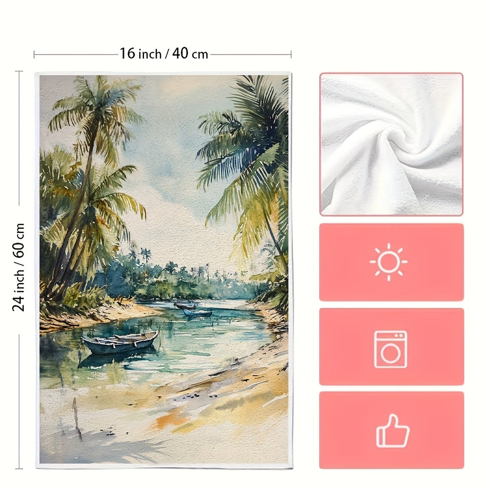 Ikkita tropik lagunali oshxona sochiqlari super singdiruvchi polyester to'qima matodan tayyorlangan. Zamonaviy qirg'oq uslubida mashinada yuvilishi mumkin. Har bir sochiqning o'lchami 40.64x60.96 sm. Mahsulot raqami: 2KYSYS1218413.