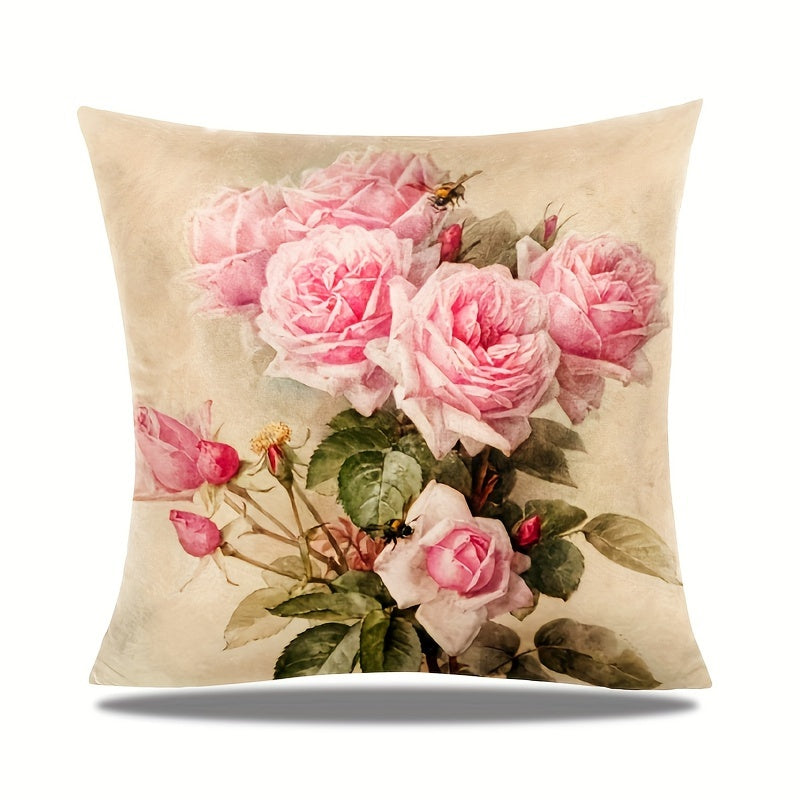 Square Cushion Cover Pink Rose Yellow Floral Shabby Chic Double-Sided Polyester Home Decor