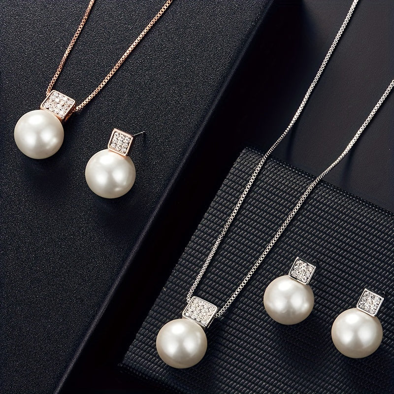 Women's Imitation Pearl Necklace and Earring Set with Rhinestone Pendant for Birthdays and Parties