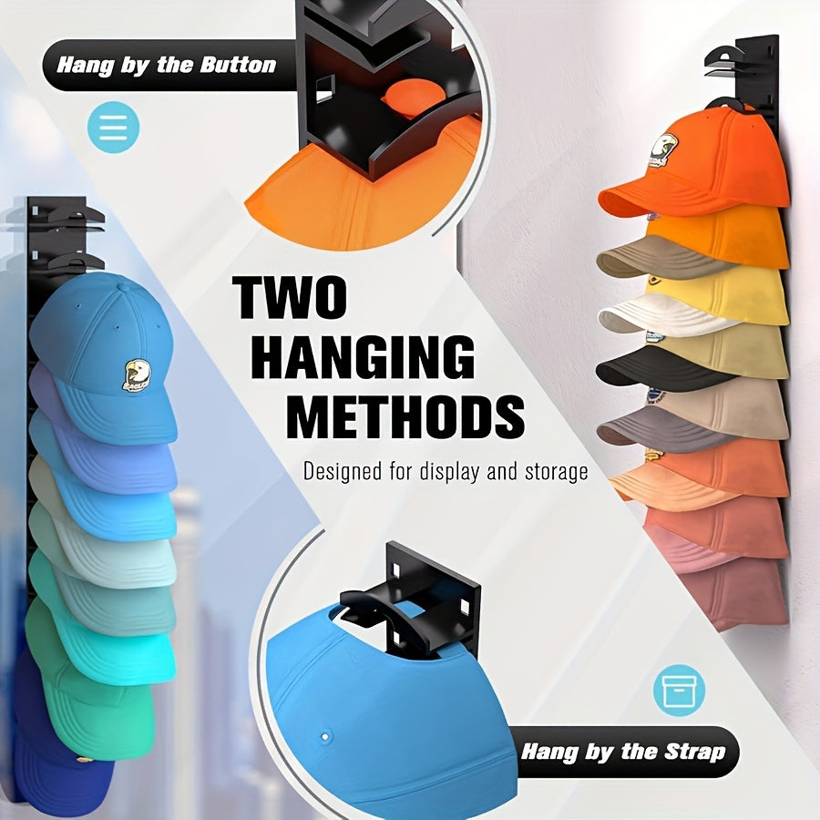 Estante para sombreros de montaje en pared, negro, con capacidad para 20 gorras, respaldo adhesivo duradero