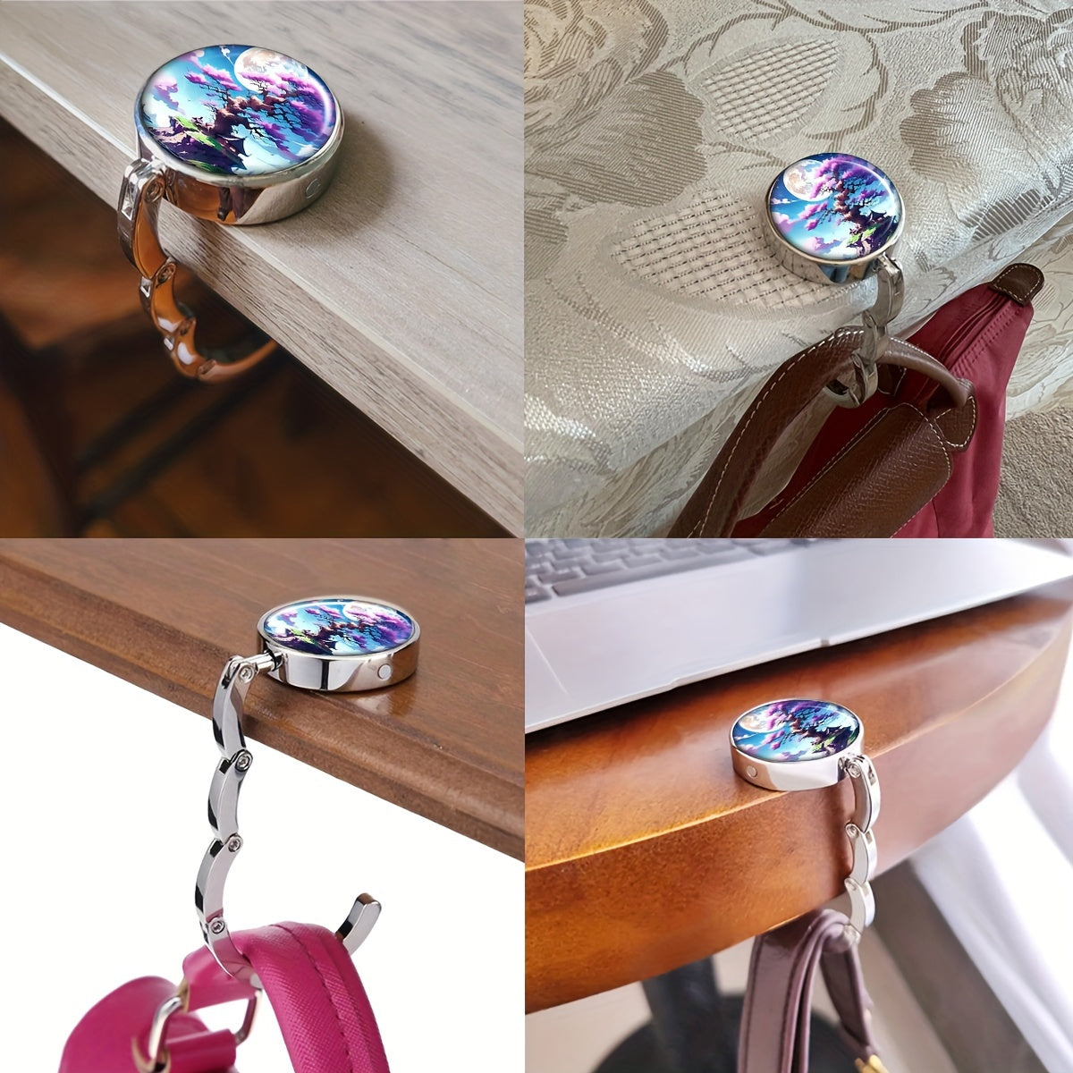 Folding Metal Purse Hanger with Cherry Blossom Tree and Moon Design Portable Handbag Hook Stylish Bag Holder