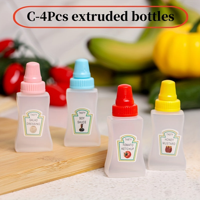 Set of 4 Mini Sauce Bottles for Condiments and Spices for Lunches and Picnics