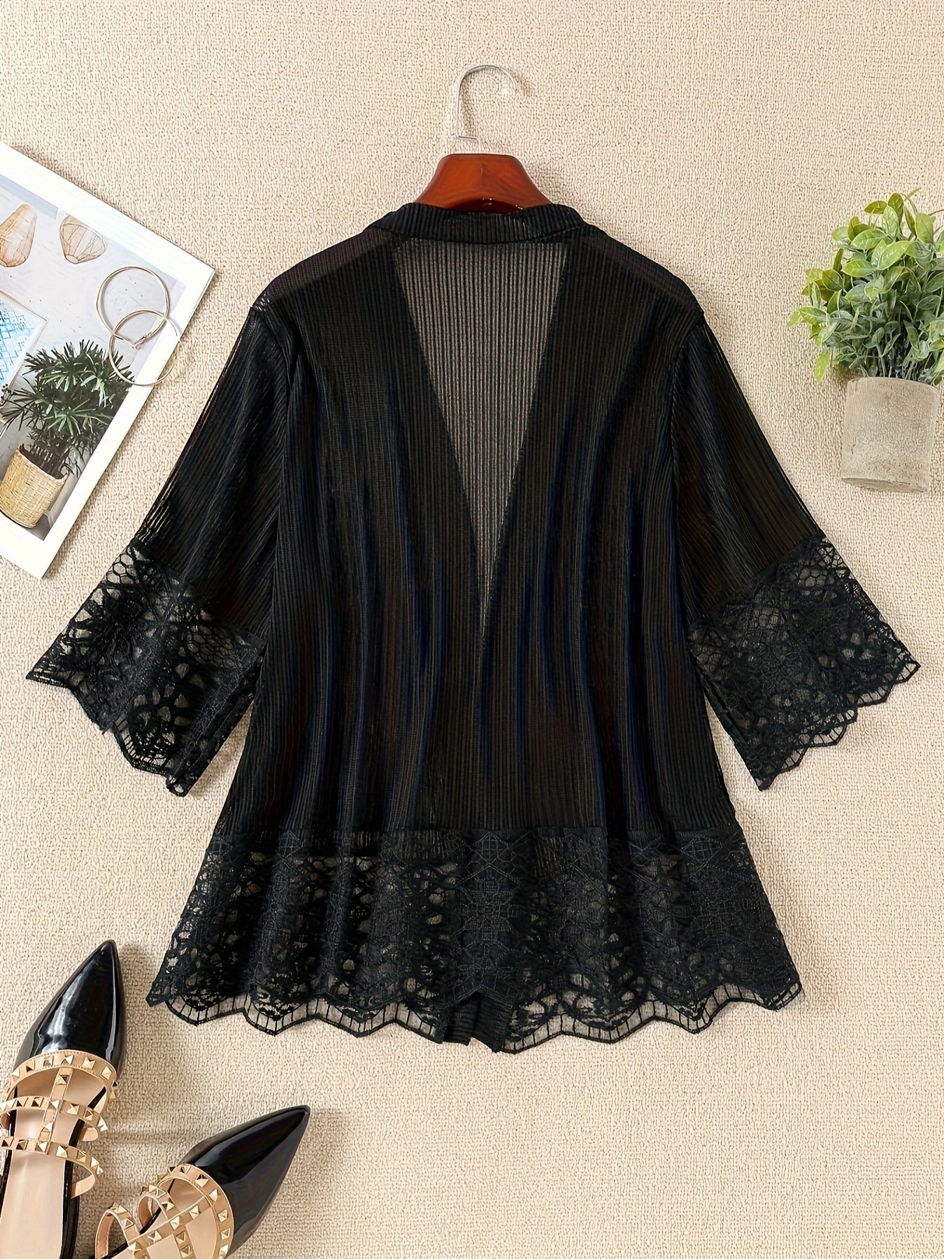 Plus Size Lace Mesh Kimono Cardigan Solid Color Short Open Front Cover-Up Machine Washable