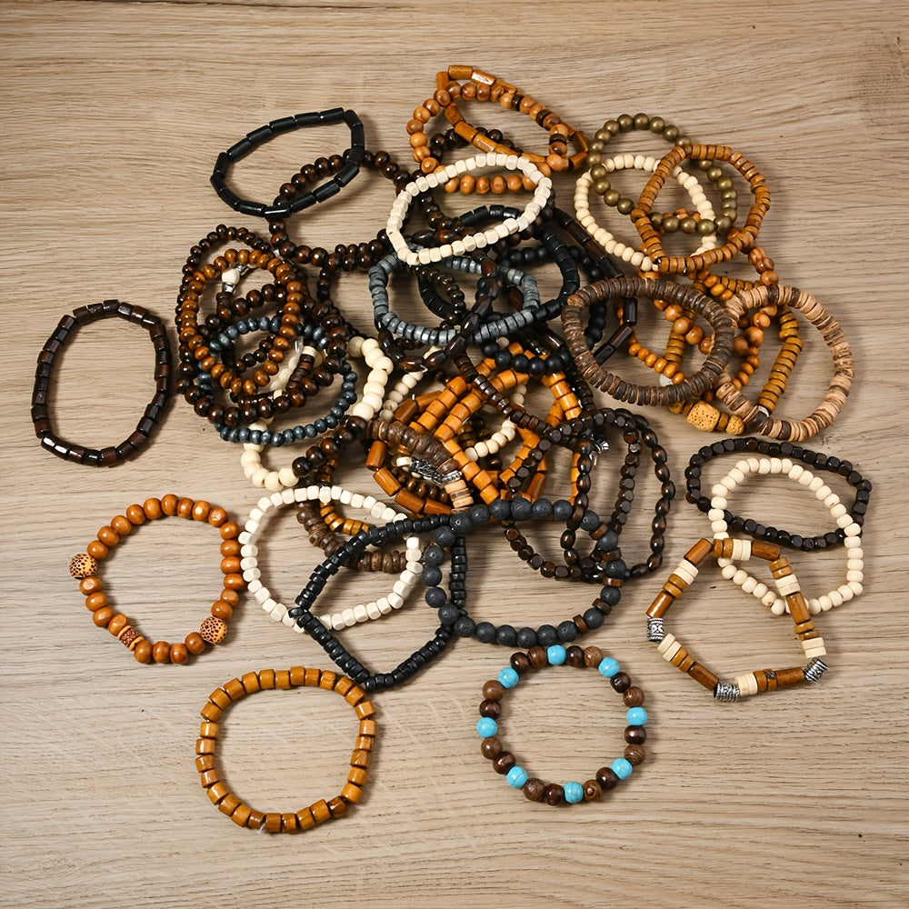 Set of 12 or 24 Autumn Winter Wooden Bead Stackable Elastic Wire Bracelets for Women