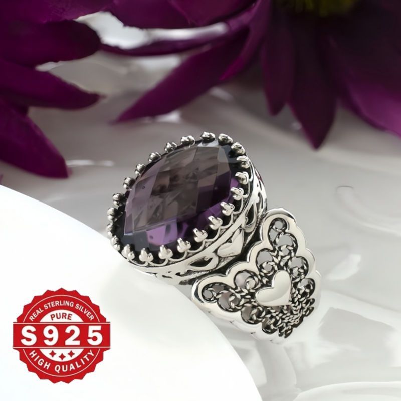Sterling Silver Filigree Heart Cocktail Ring with Amethyst Gemstone