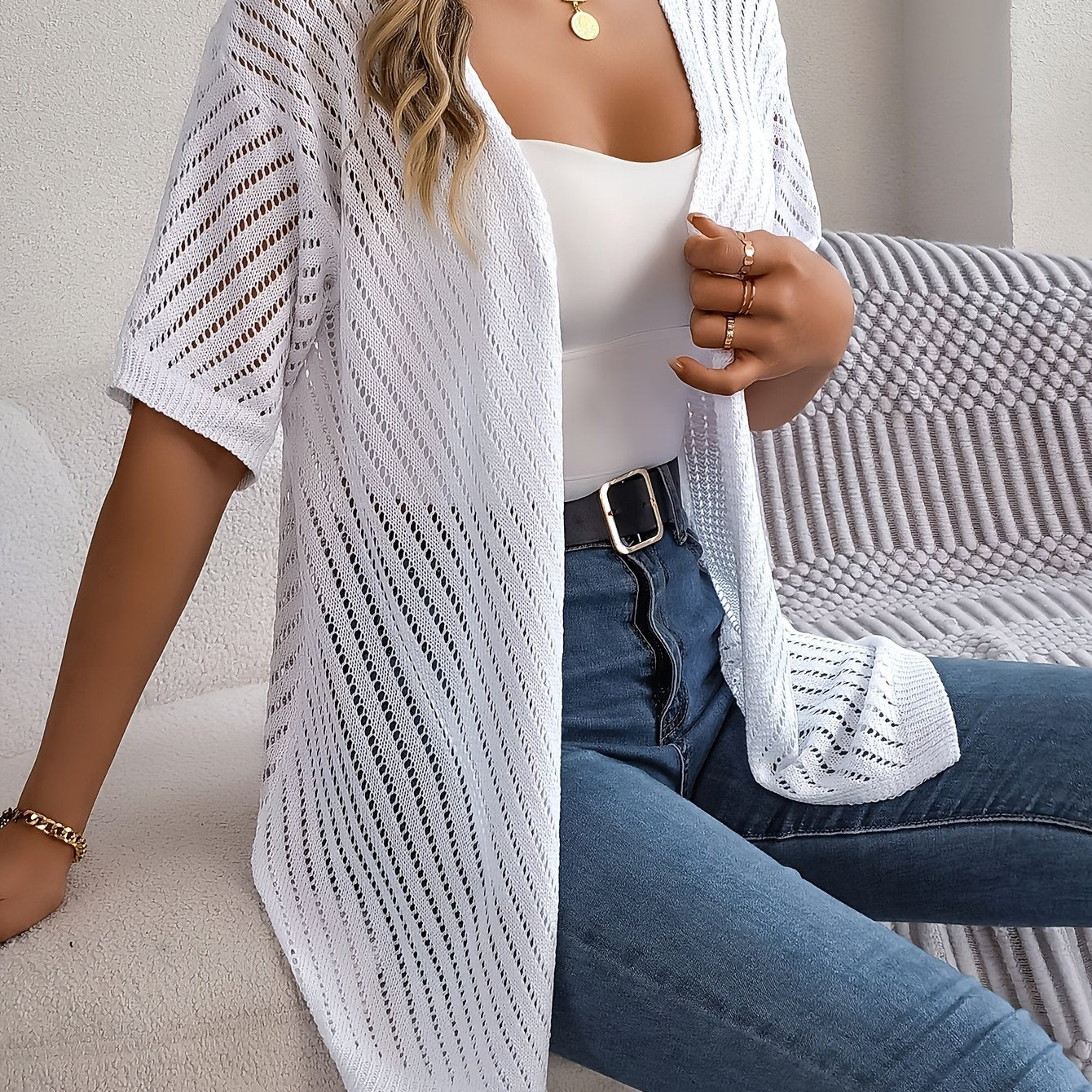 Plus Size Women's Semi-Sheer Open Front Lace Beach Cover-Up Lightweight Knitwear