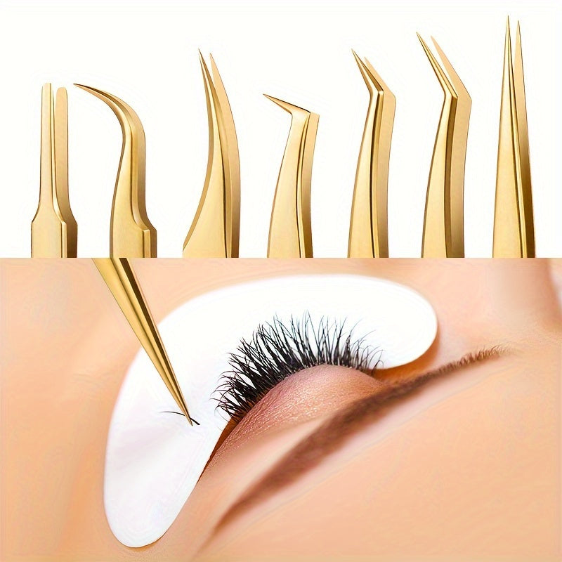 7-Piece Stainless Steel Eyelash Tweezers Set for False Eyelash and Eyebrow Grooming