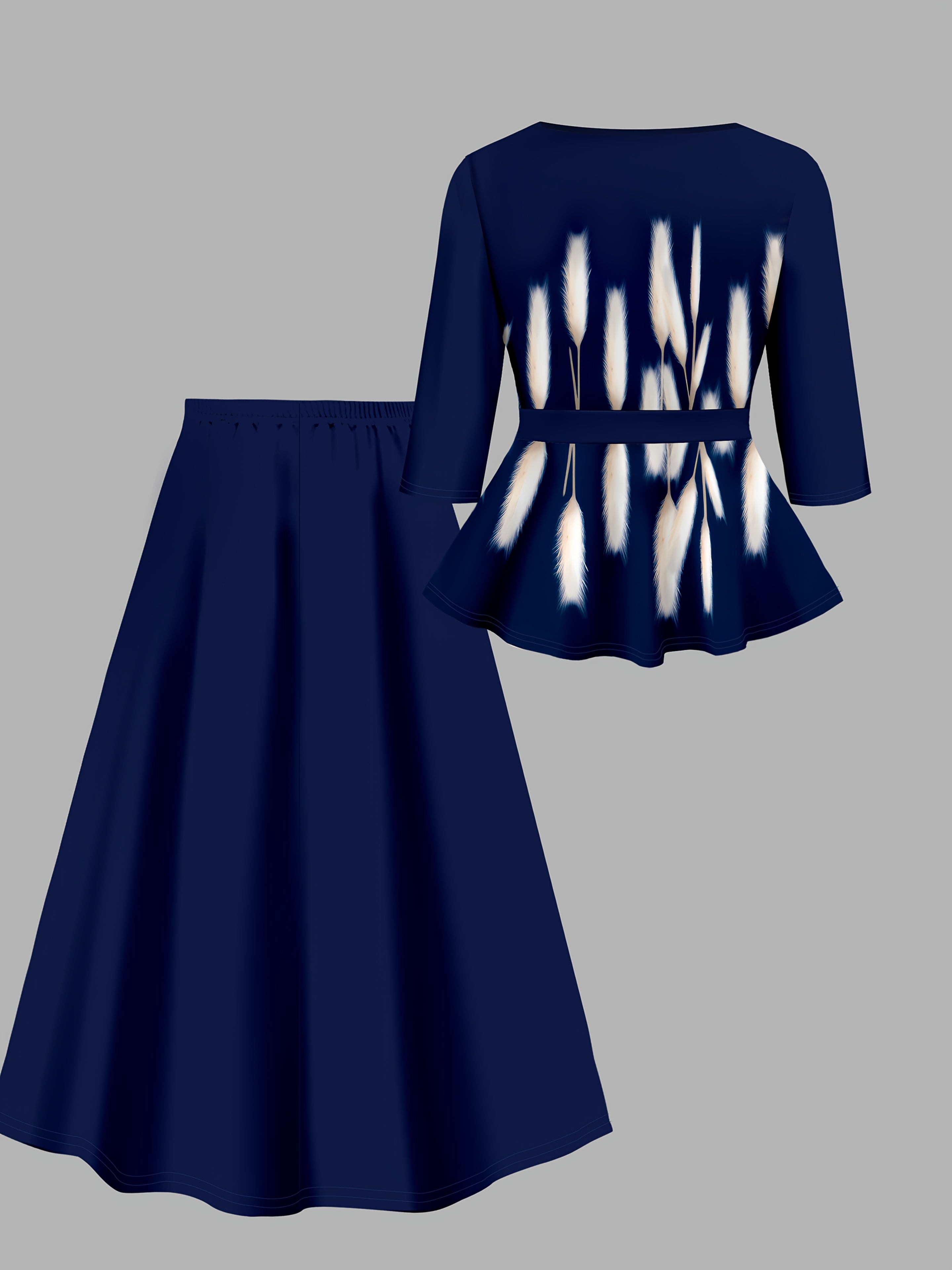 Zamonaviy plussayz 2 ta qismdan iborat to'plam: bosma bluzka va mustahkam yubka, cho'ziluvchan va mashinada yuvish mumkin. Muvofiq kiyim uchun turli ranglarda mavjud.