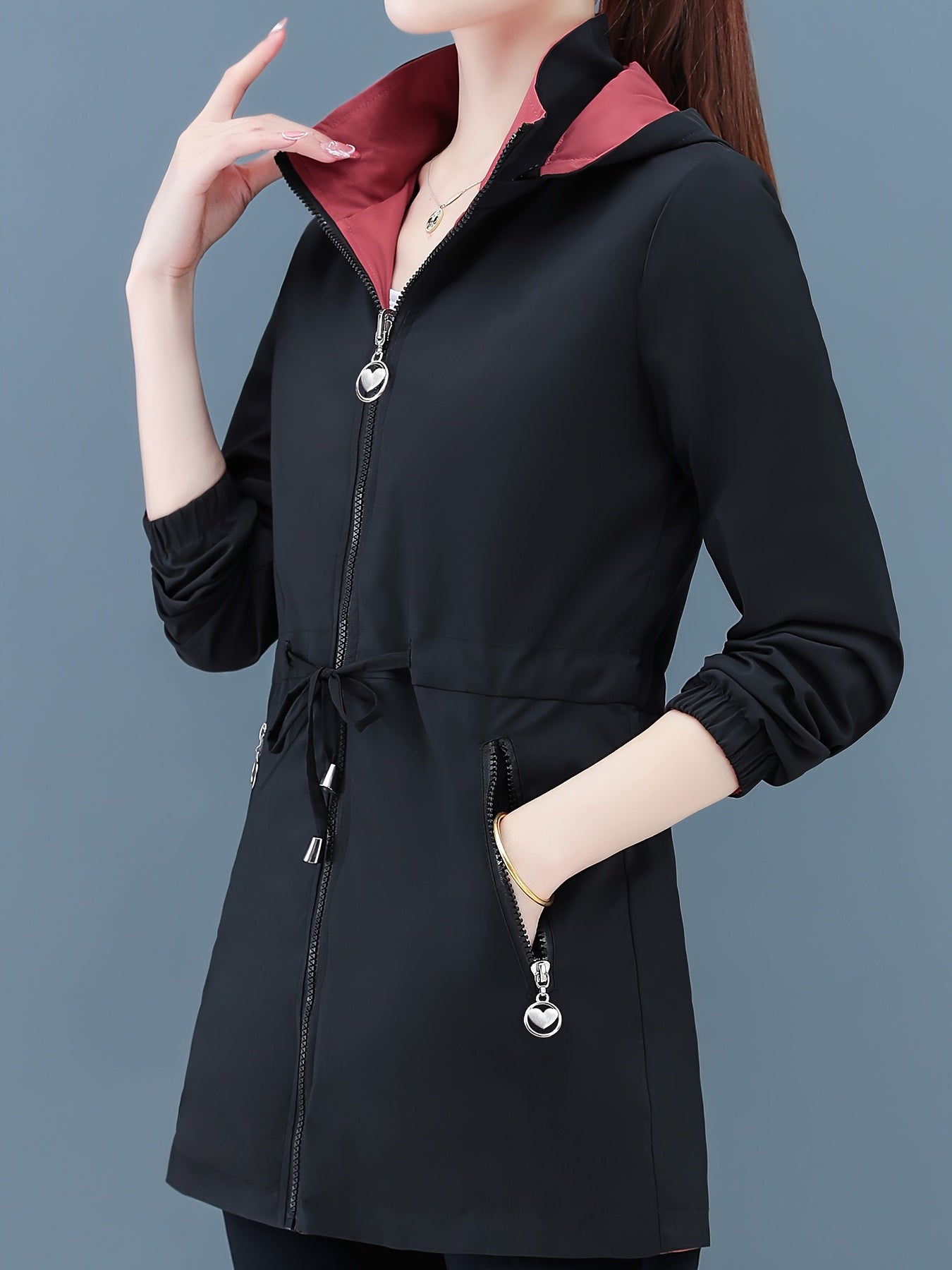 Women's Reversible Windbreaker Jacket Lightweight Hooded Spring Fall Casual Polyester