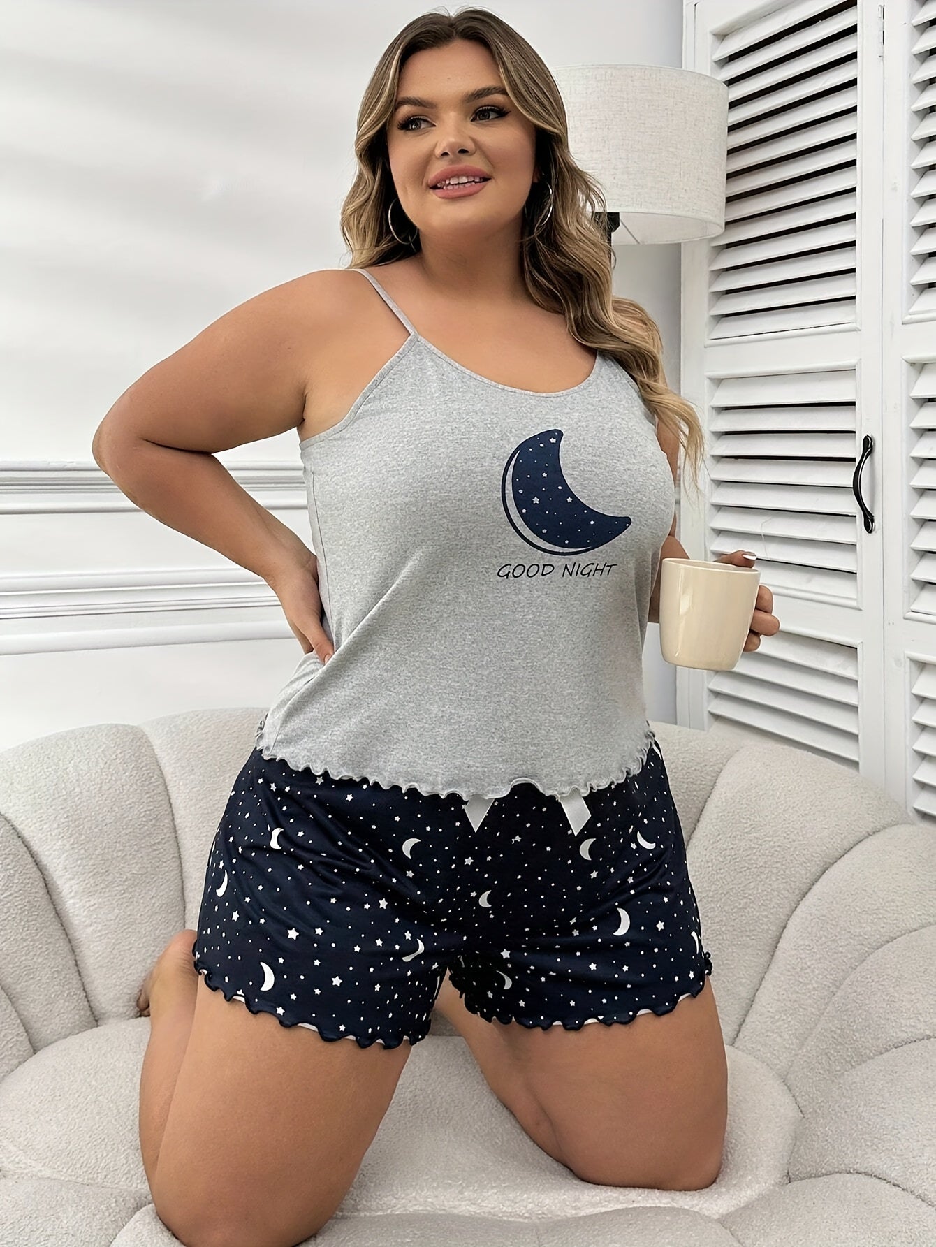 Женский комплект пижамы больших размеров, комплект для отдыха с топом-ками и шортами с принтом звезда и луна