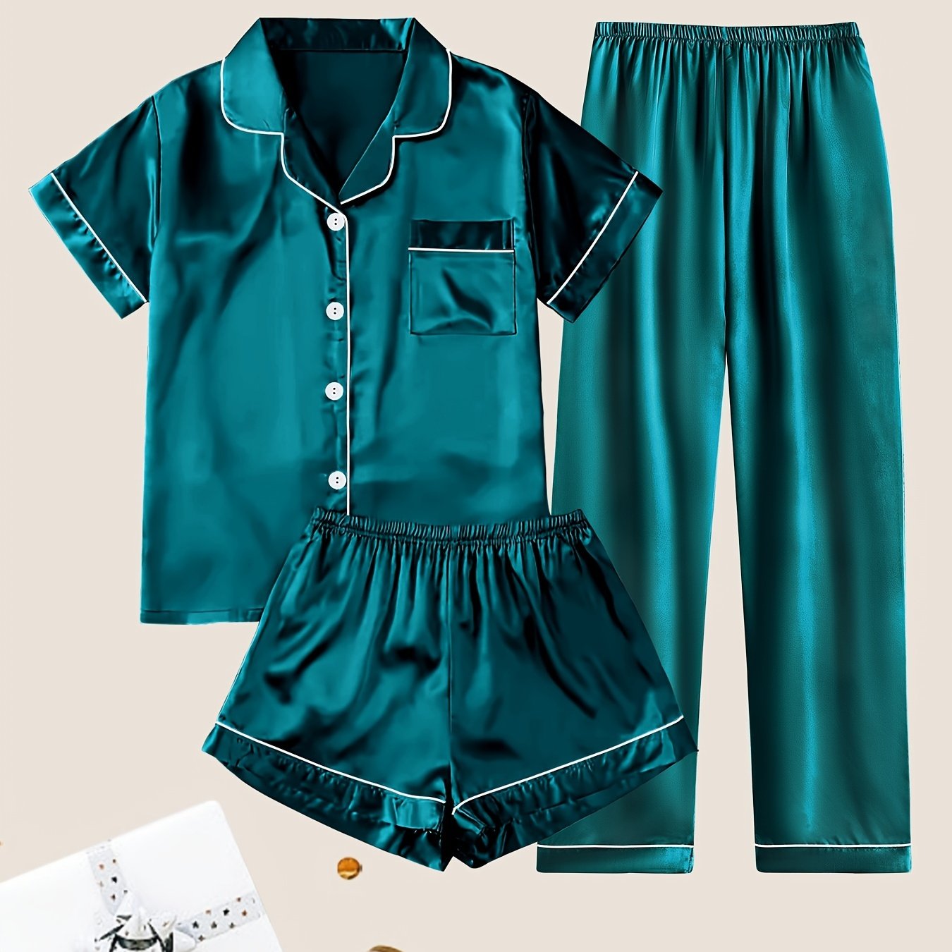 Women's Satin Pajama Set Short Sleeve Button Top Shorts or Pants Casual Sleepwear