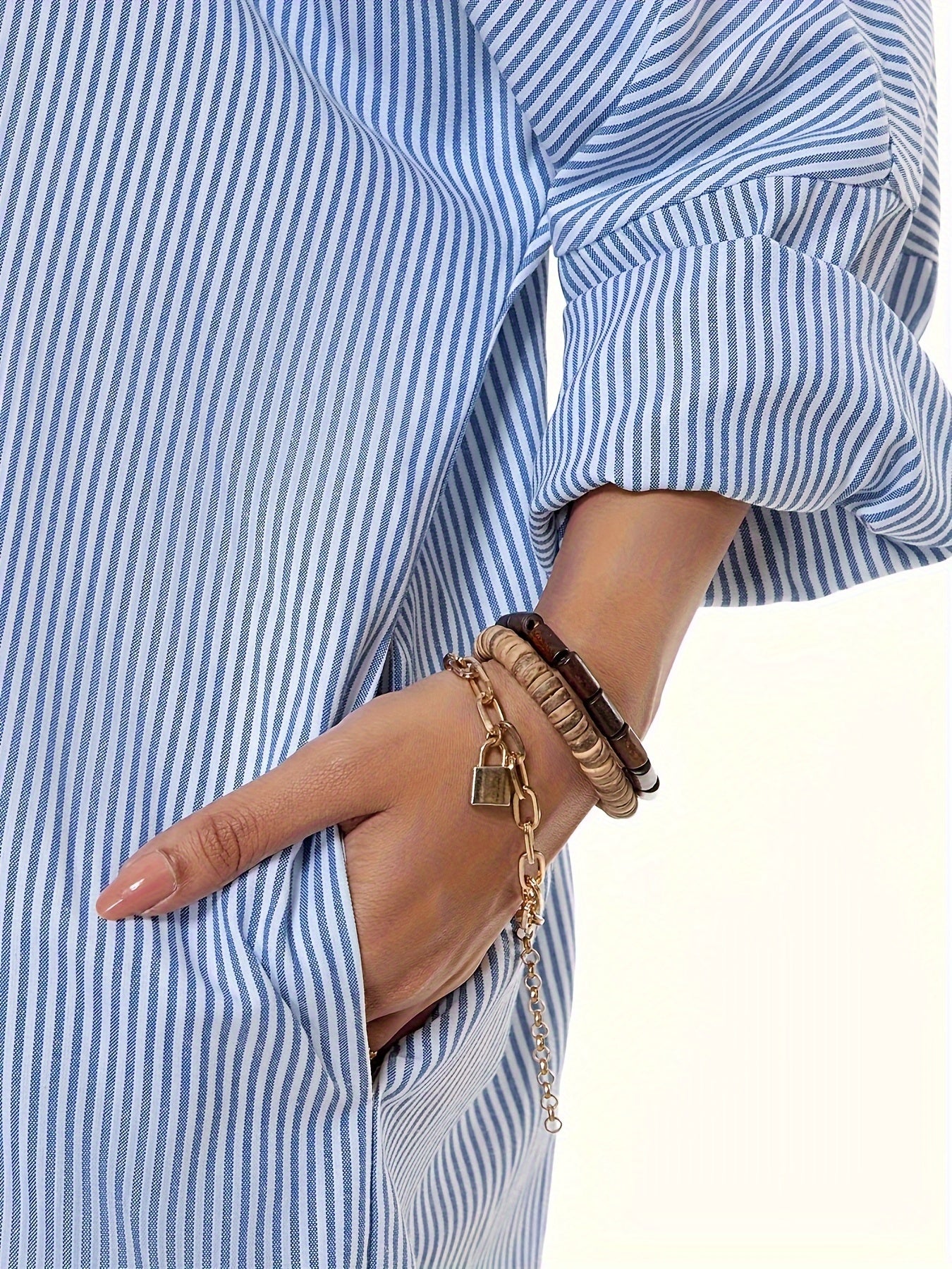 Women's Striped Long Sleeve Shirt Dress Polyester V-Neck Solid Spring Fall