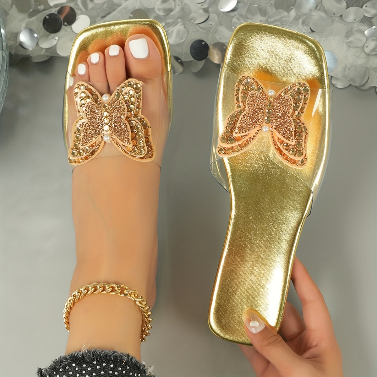 Women's Rhinestone Butterfly Flat Sandals Open Toe Summer Shoes Elastic Band Casual Slip-On