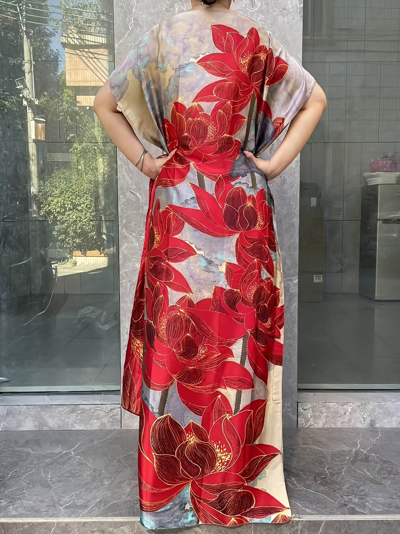 Plus Size Floral Longline Dress Short Sleeve Crew Neck Summer Clothing