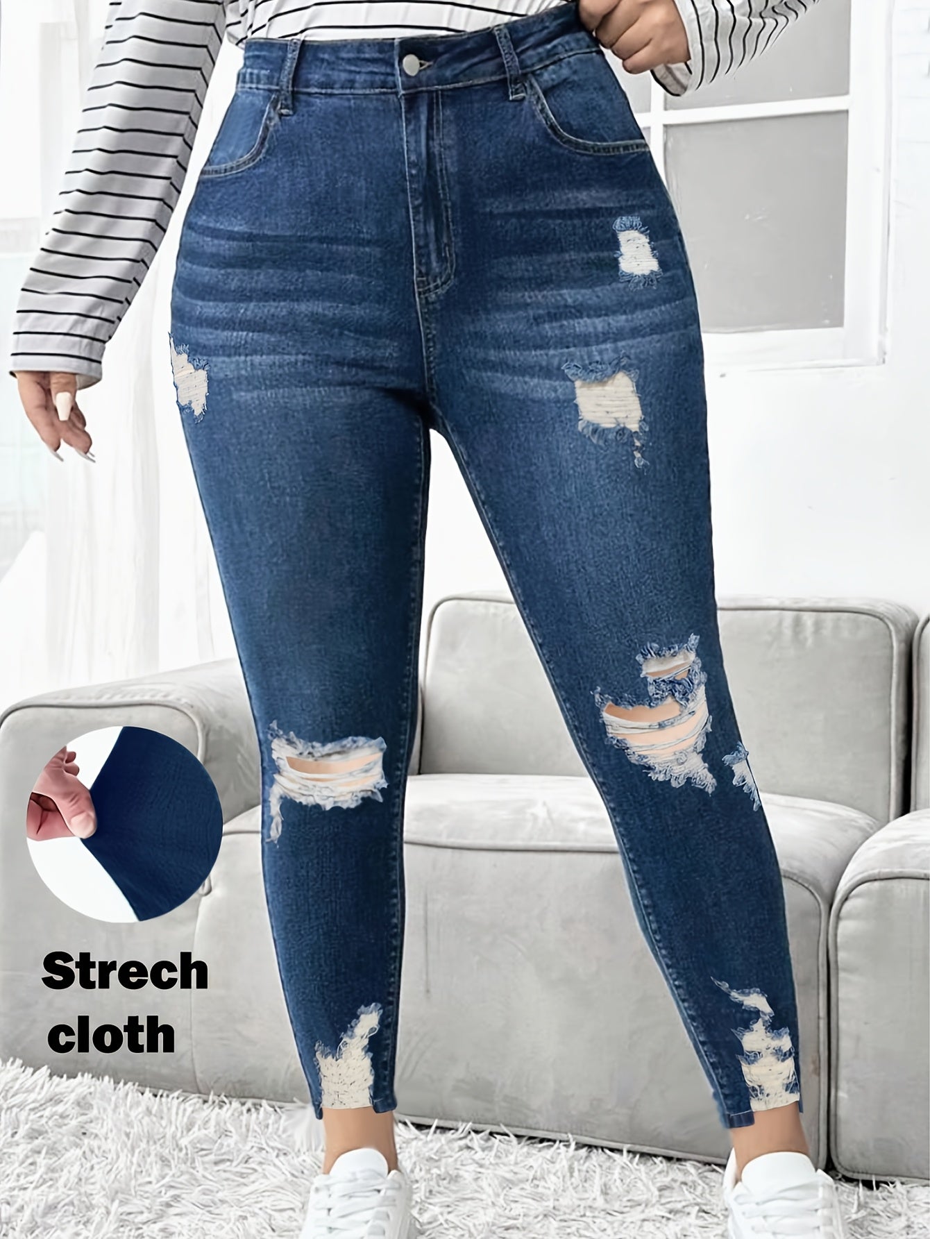 Women Plus Size High Waist Blue Ripped Skinny Jeans with Stretchy Fabric