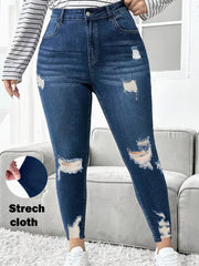 Women Plus Size High Waist Blue Ripped Skinny Jeans with Stretchy Fabric