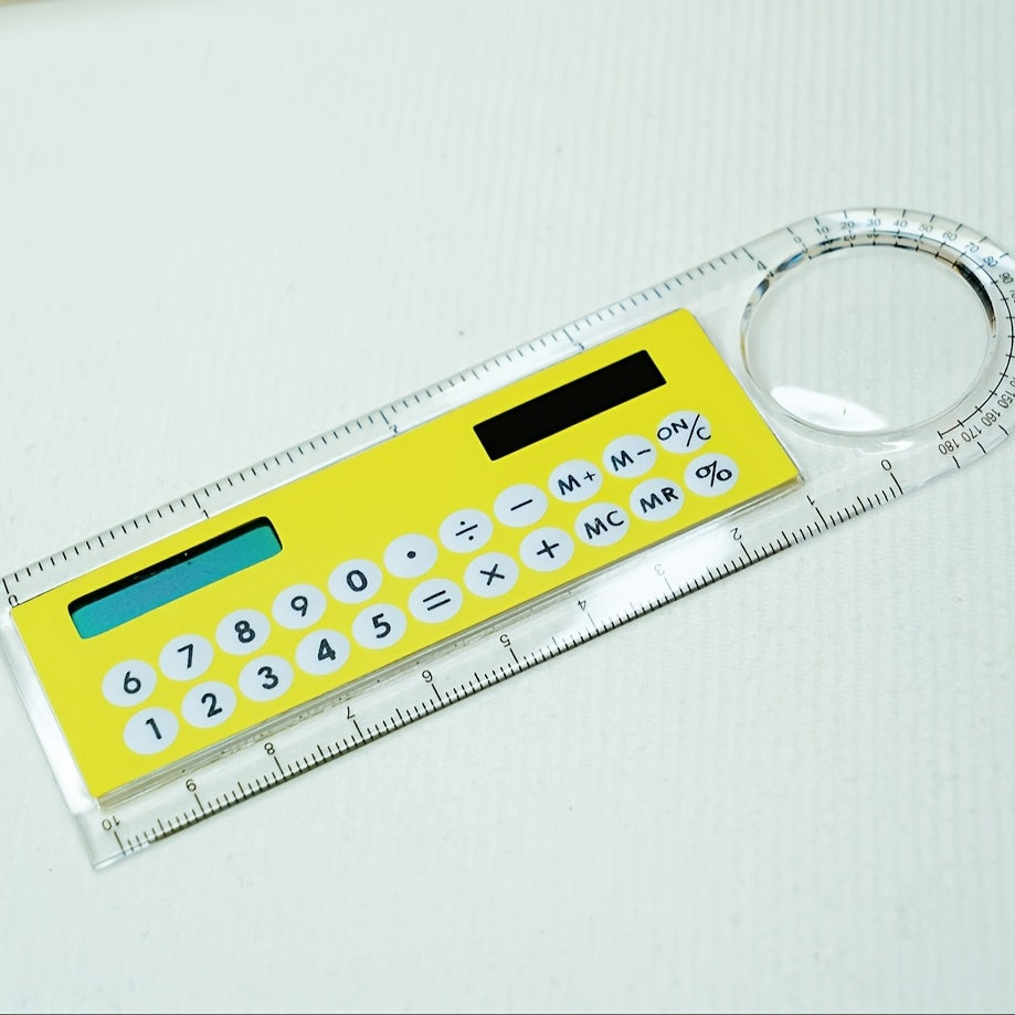 Mini Ultra-Thin Solar Calculator Ruler with Magnifying Glass 10cm Office School Supplies