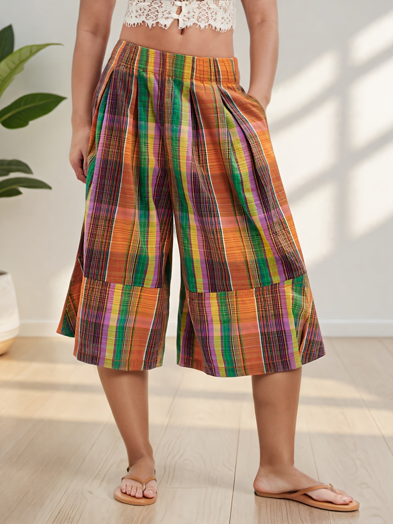 Women Plus Size Summer Beach Palazzo Pants Colorful Striped Loose Fit