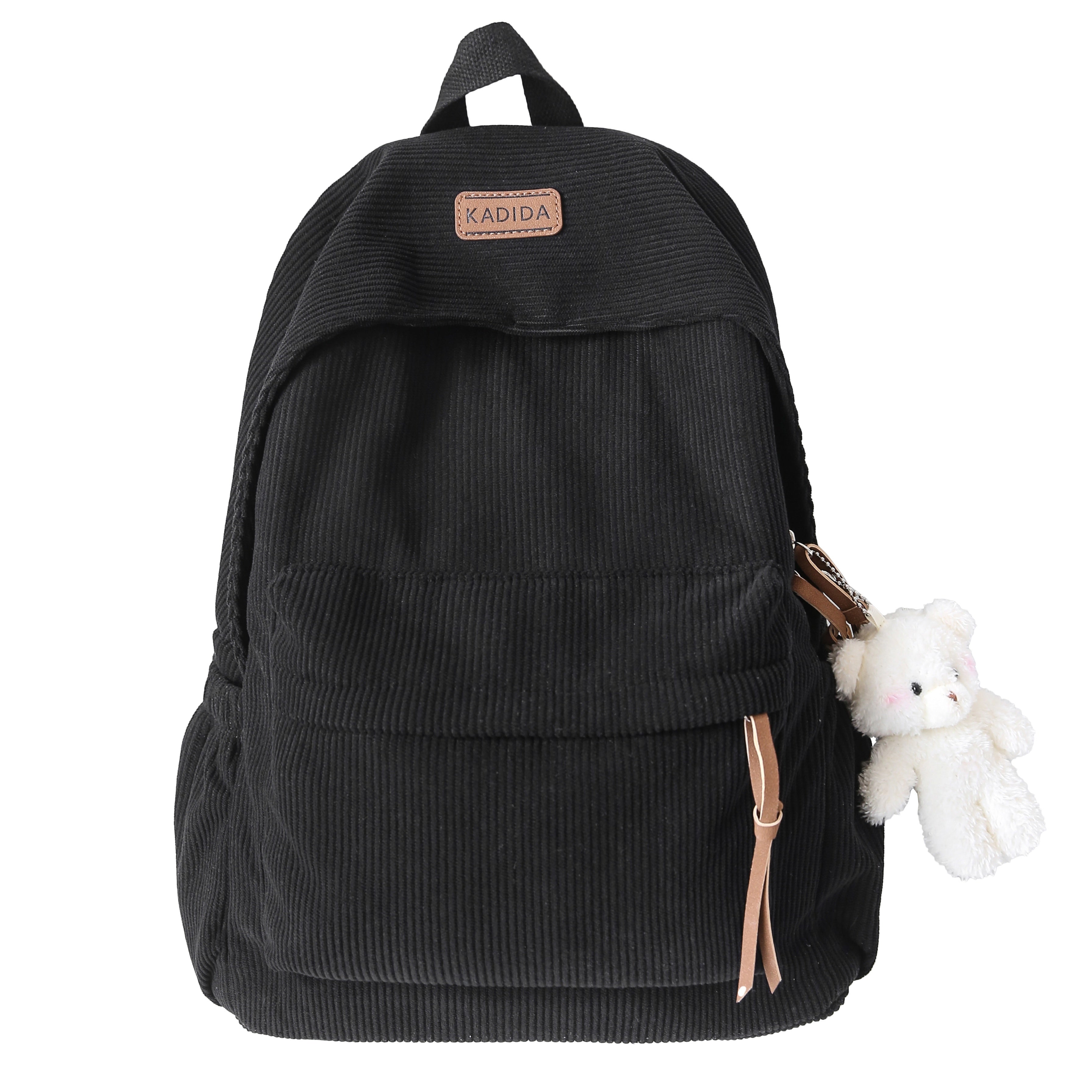 Women's Large Capacity Corduroy Backpack with Bear Pendant for School