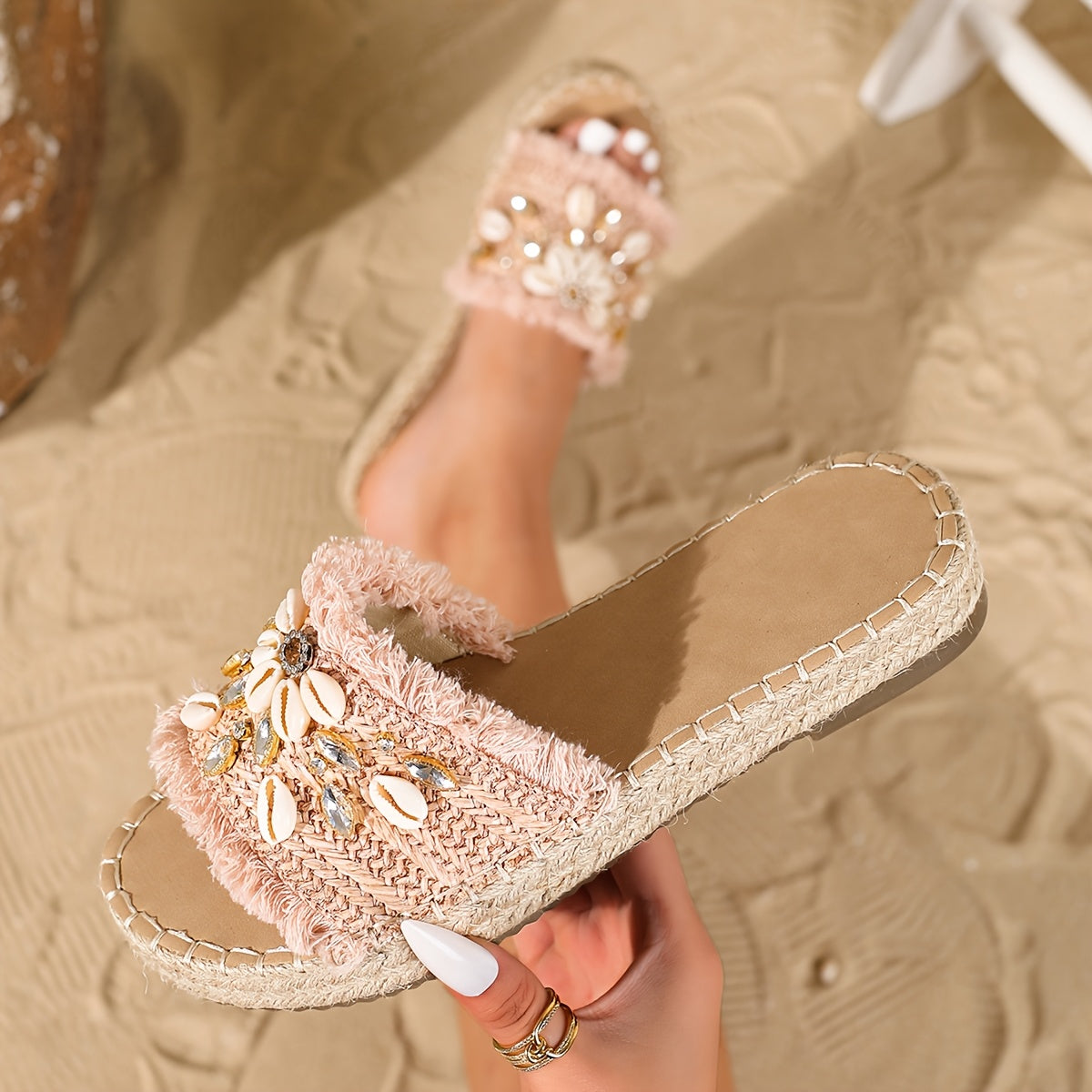 Women’s Summer Espadrille Flat Slides Rhinestone Shell Decor Peep Toe Sandals