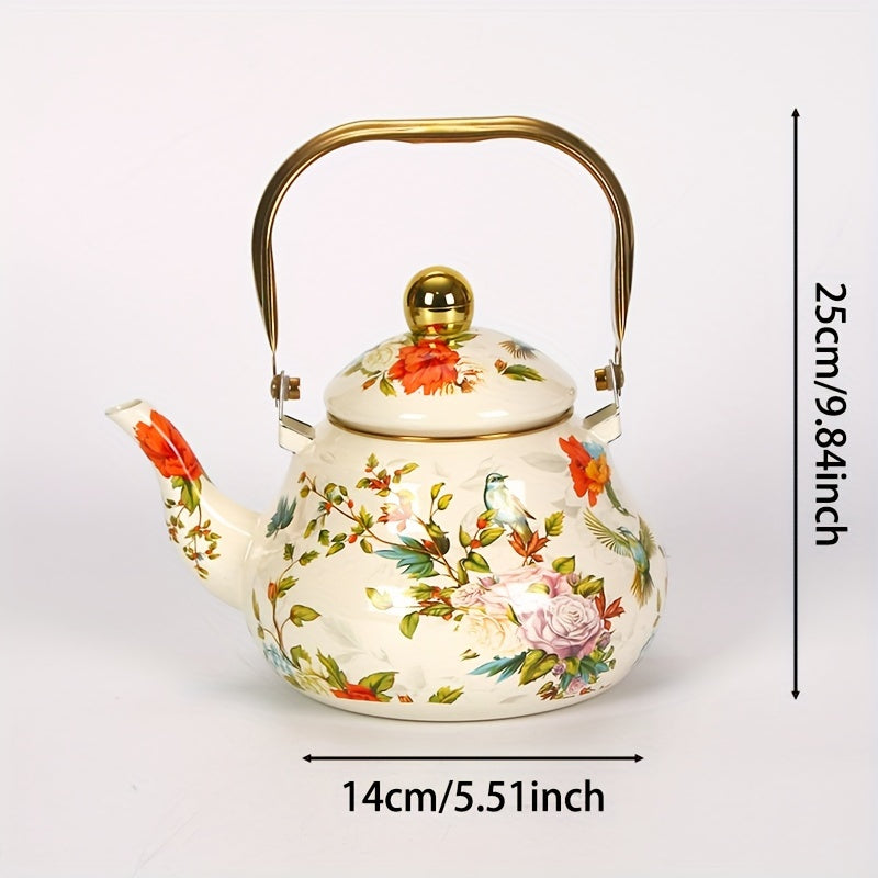 Vintage Enamel Tea Kettle with Gold-Plated Steel Handle 1100W Non-Electric Water Boiler