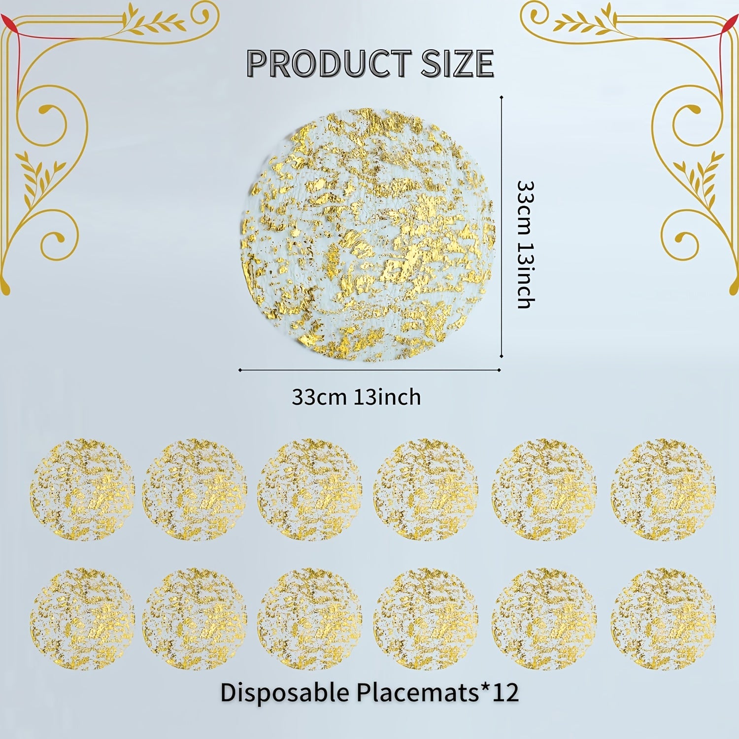 12 Piece Set Disposable Gold Metal Circle Placemats for Dining Weddings Parties Holidays