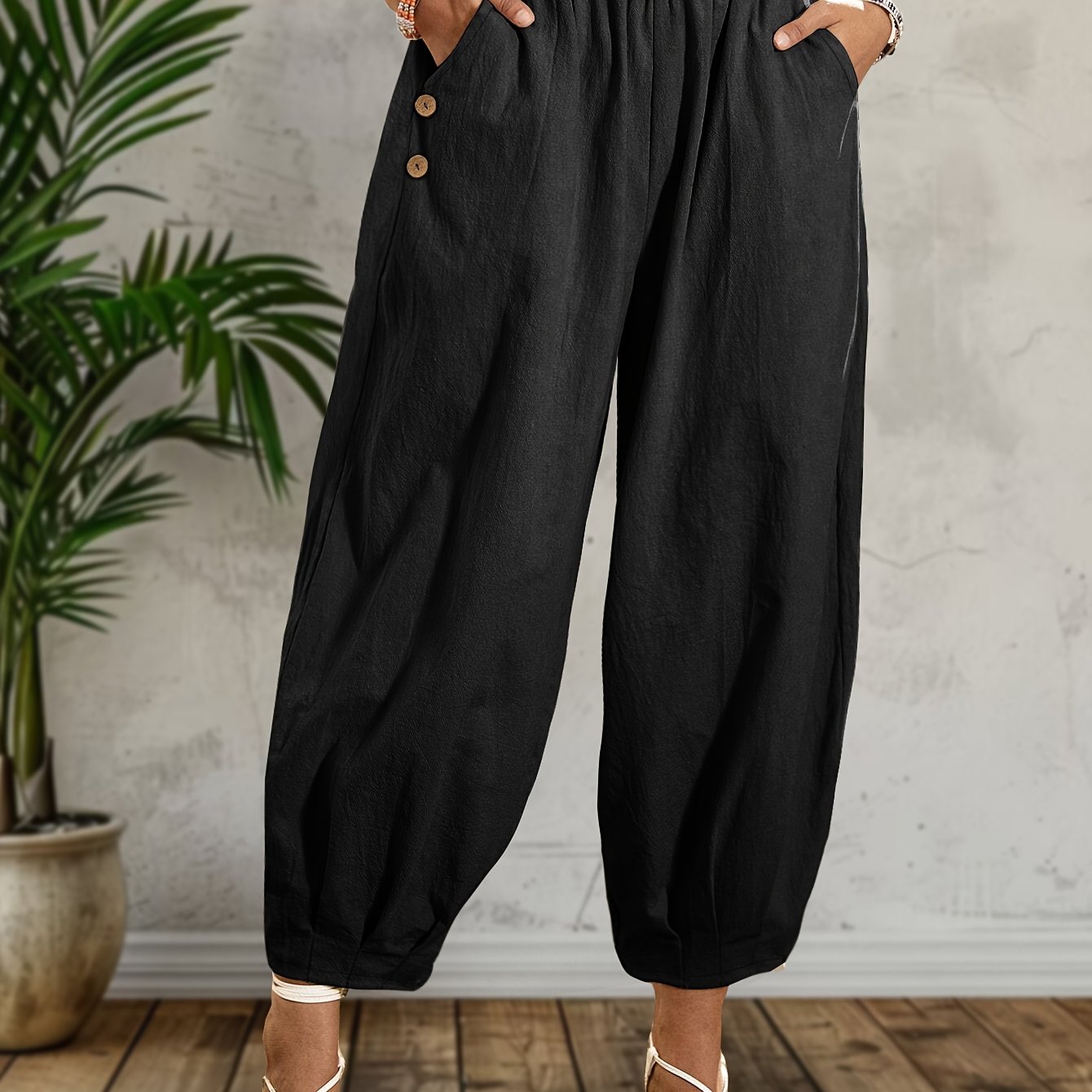 Plus Size Tapered Cotton Pants Pleated Button Hem Ladies' Fashion