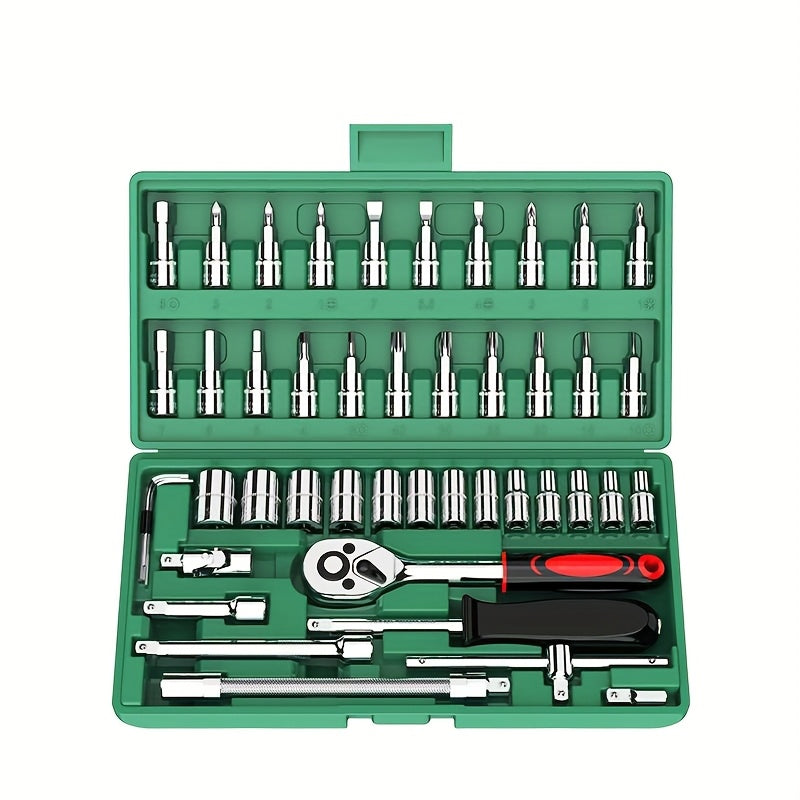 46-Piece Tool Kit 1/4 Inch Drive Ratchet Wrench Socket Set Car Repair