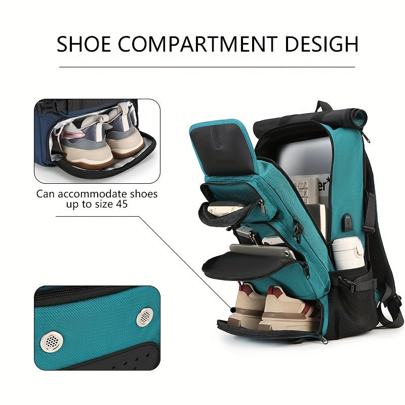 Black Waterproof Hiking Backpack with Shoe Compartment and Adjustable Straps