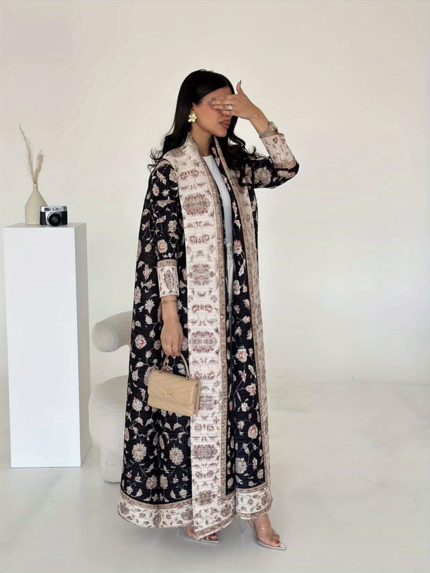 Women's Printed Chiffon Abaya with Pleats for Ramadan and Travel