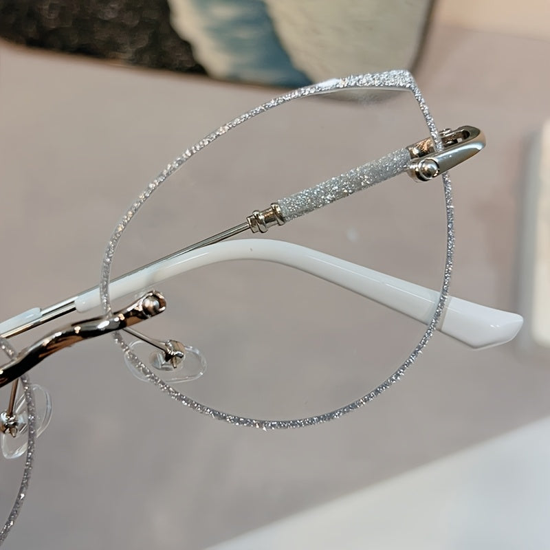 Women Cat Eye Photochromic Rimless Glasses with Blue Light Filter and Sparkling Sequins