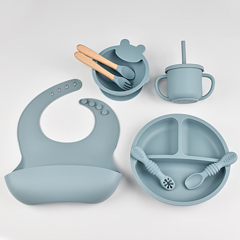 Juego de vajilla de silicona para niños pequeños, 8 piezas, incluye plato, cuenco, cuchara, tenedor, pajita, taza, babero, libre de BPA, no tóxico, apto para lavavajillas, para edades de 0 a 3 años