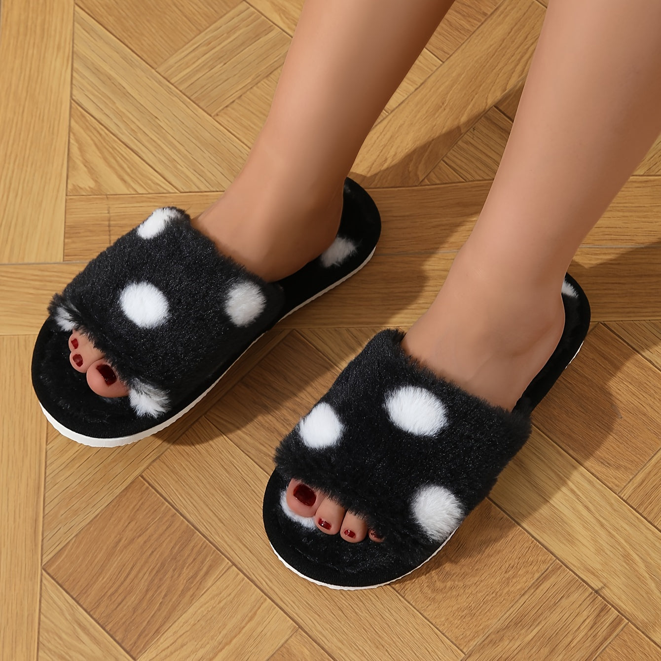 Women's Plush Fuzzy Open-Toe Indoor Slippers - Non-Slip EVA Sole, Black and Pink