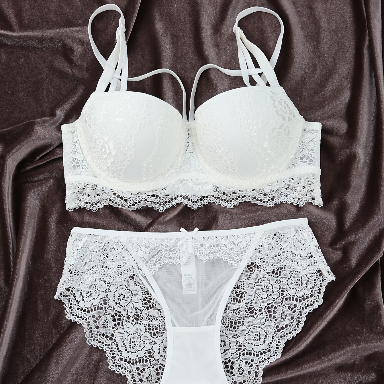 Women's Lace Cross-Back Bra and Panty Set with Bow and Push-Up Bra