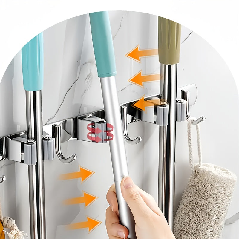 Wall-Mounted Mop and Broom Rack with 5 Clips 4 Hooks Stainless Steel
