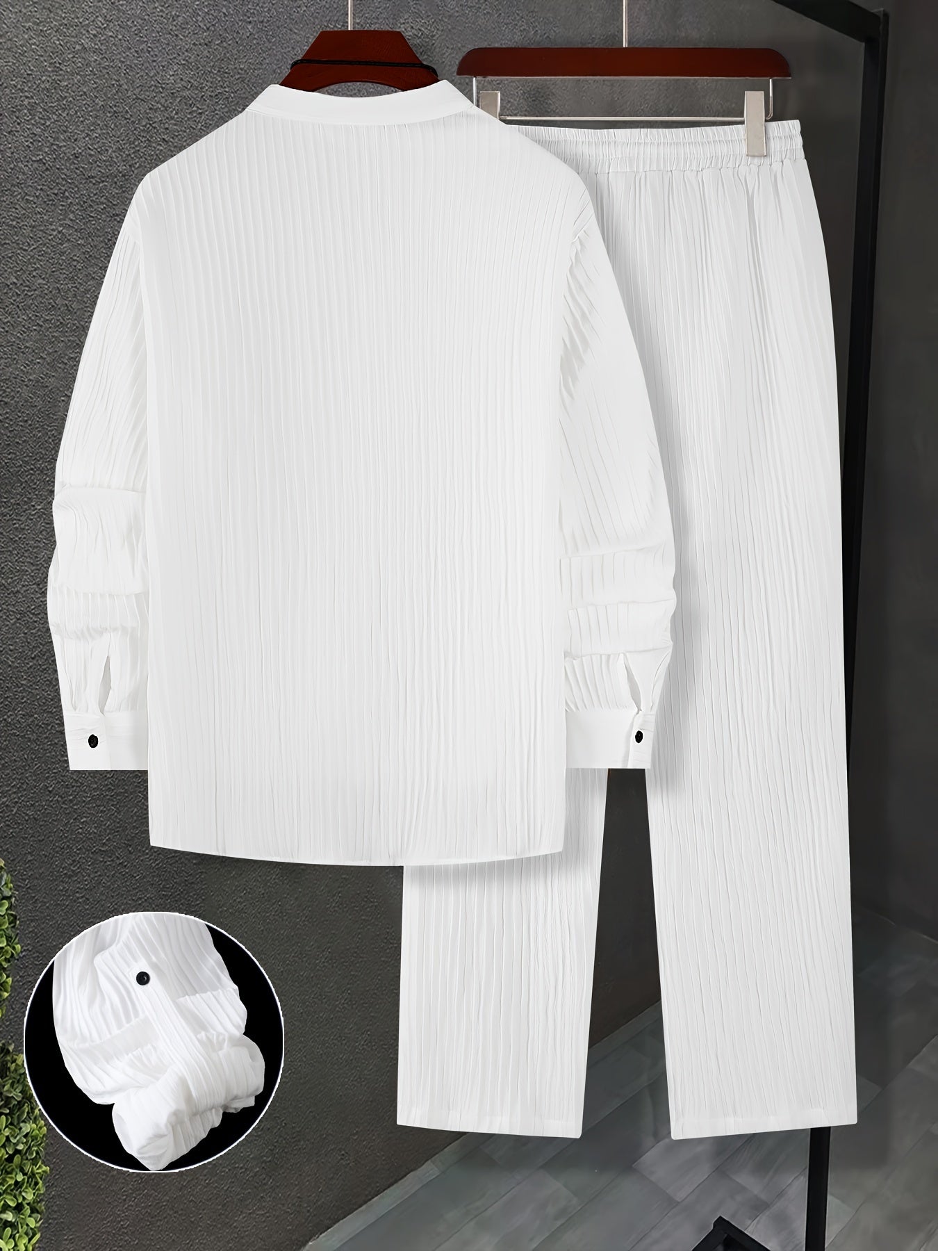Men's Polyester Sweatsuit Set Casual Regular Fit Collared Shirt Drawstring Pants