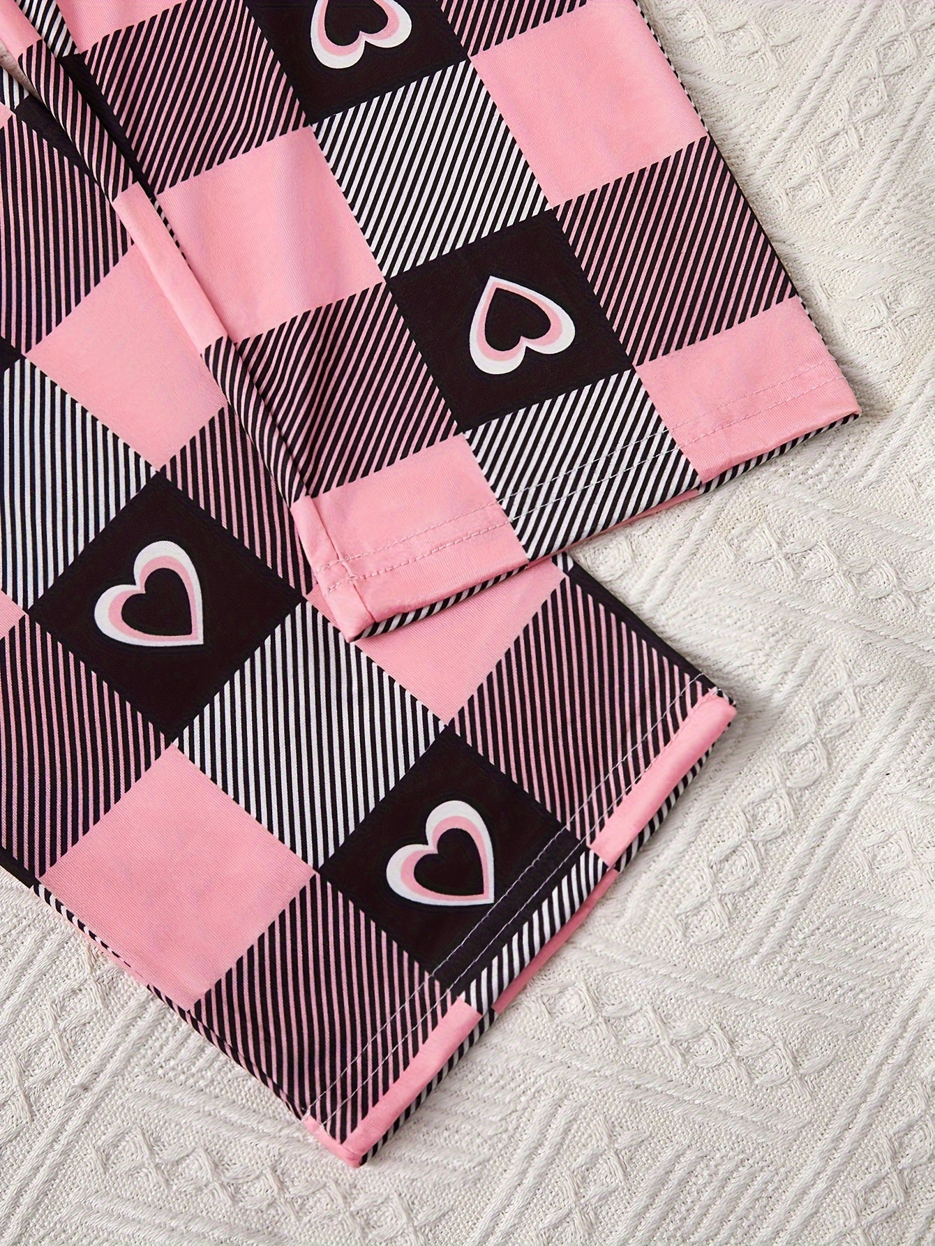 Adult Romantic Love Print Pajama Set with Short Sleeve Top Plaid Shorts and Long Pants