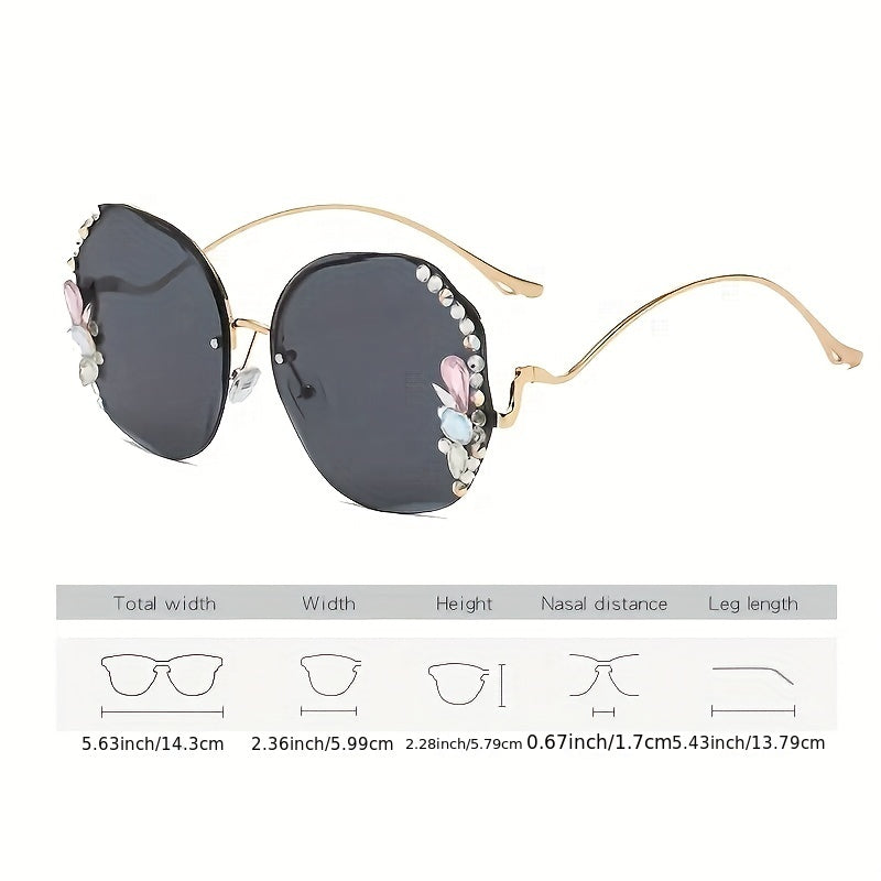 Women's Rimless Sunglasses with Rhinestones, Round Gradient Lens for Summer Beach Travel