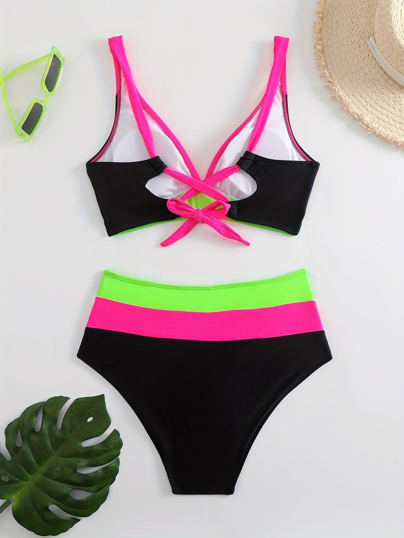 Women's V-Neck Color Block Bikini Swimsuit High Stretch Polyamide Elastane for Women