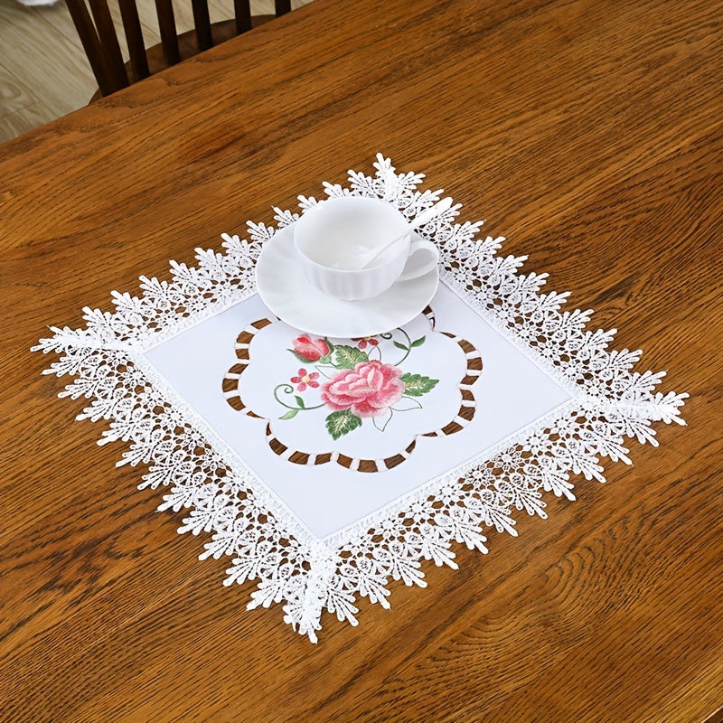 Camino de mesa floral rosa bordado a mano con encaje para cenas y días festivos