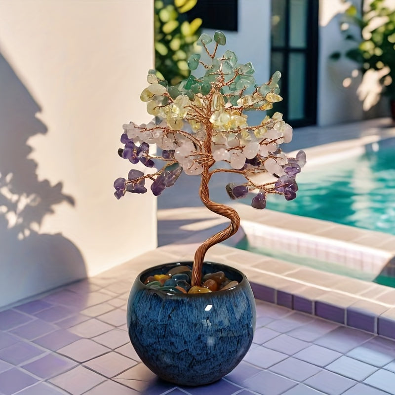 Artificial Crystal Tree with Pink Quartz Aquamarine Amethyst Citrine Faux Gemstones for Home Decor Gifts