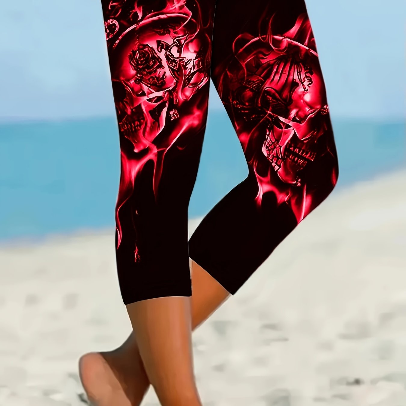 Women's High-Waisted Yoga Leggings with Skull and Floral Print Stretchy Non-See-Through