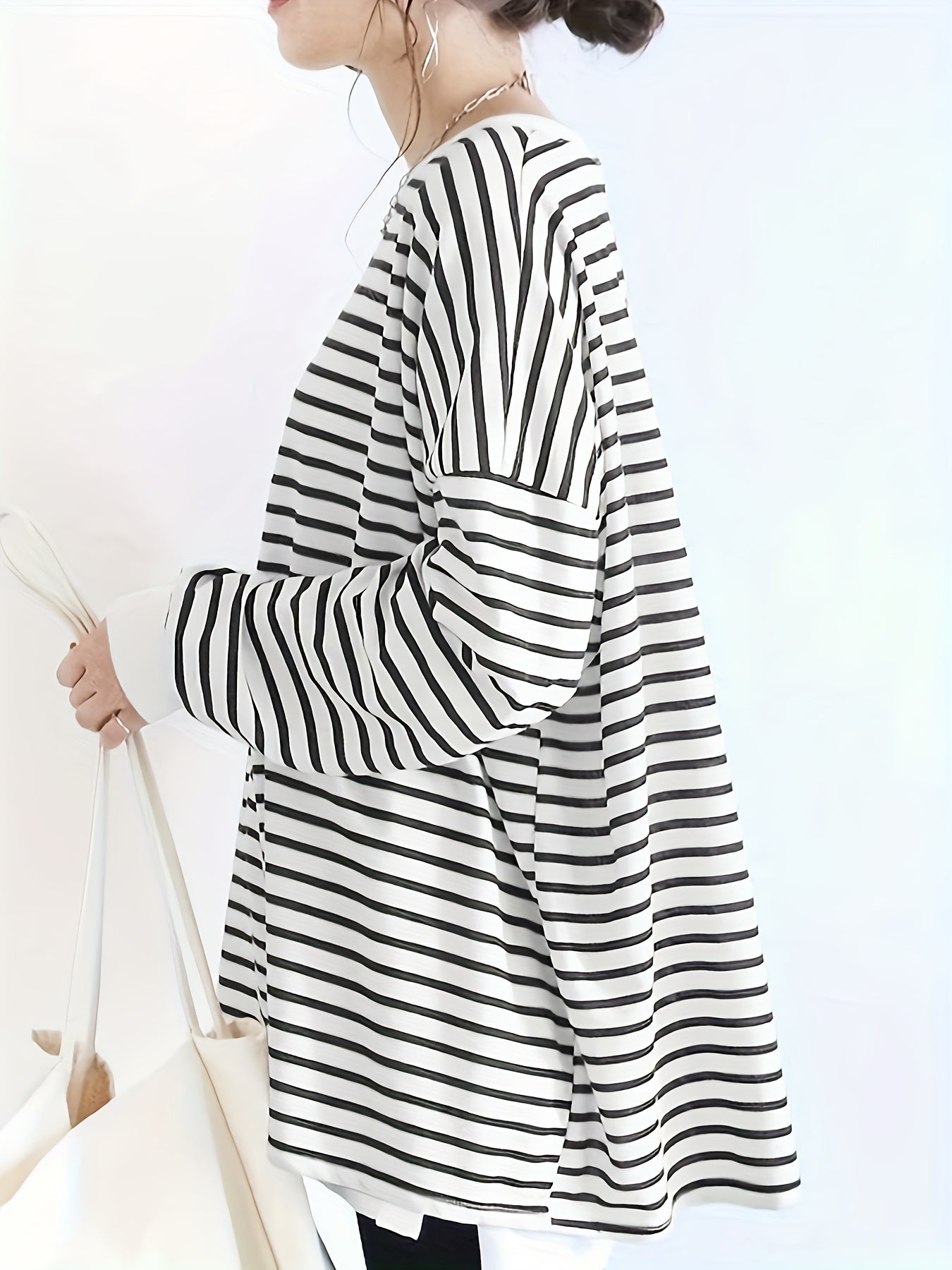 Plus Size Striped Pullover Sweatshirt Women's Long Sleeve Crew Neck Casual Autumn Spring