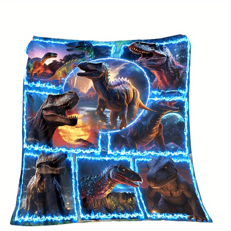3D Dinosaur Blue Flame Patchwork Printed Flannel Blanket for Sofa Bed Travel Camping