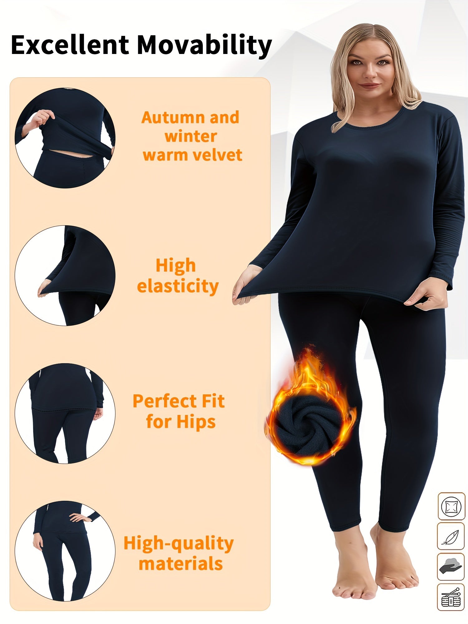 Plus o'lchamli termal ichki kiyim to'plami, mo'yna bilan qoplangan, dumaloq bo'yin, asosiy to'liq rang