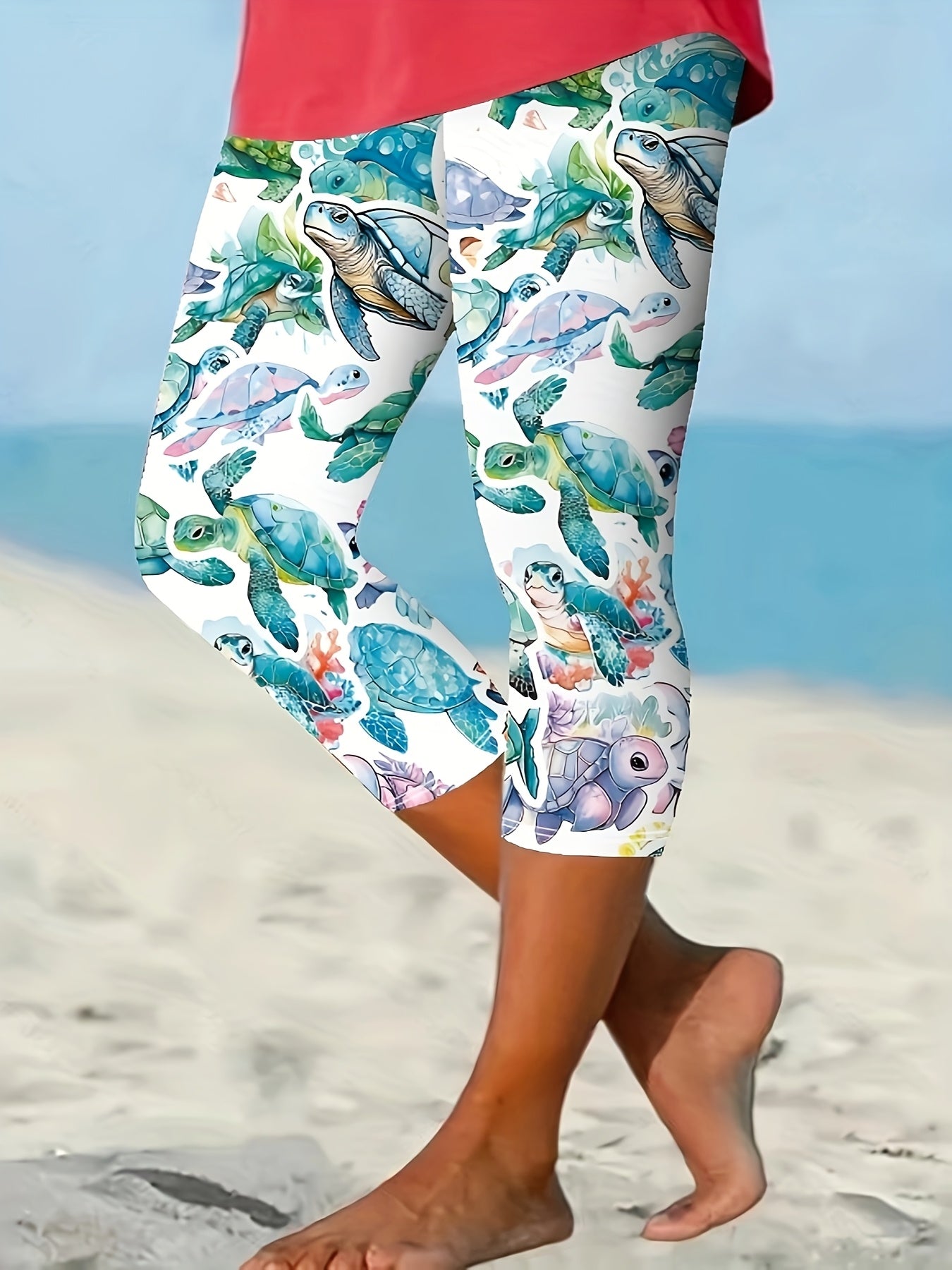 Women's Plus Size High-Waisted 7/8 Leggings Vibrant Sea Turtle Print Stretchy Non-See-Through Yoga Pants