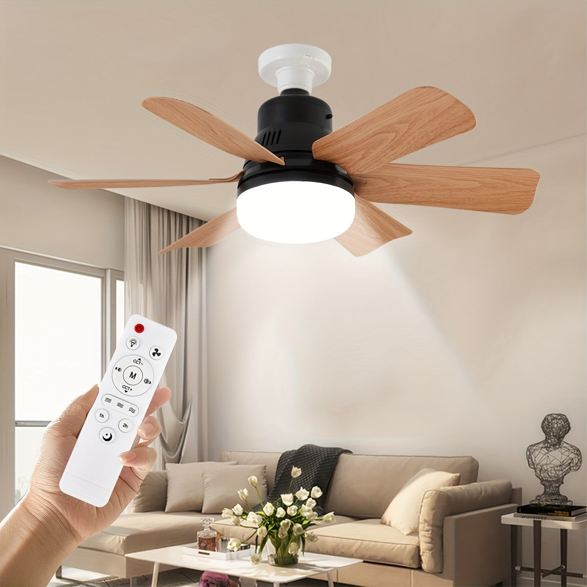 52.07cm Ceiling Fan with Light Remote Control Adjustable LED 6 Blades Black Wood Finish